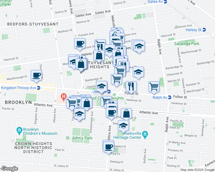 map of restaurants, bars, coffee shops, grocery stores, and more near 94 Chauncey Street in Brooklyn