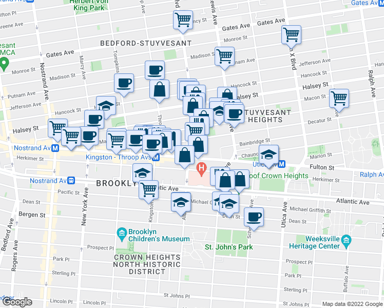map of restaurants, bars, coffee shops, grocery stores, and more near 17 Albany Avenue in Brooklyn