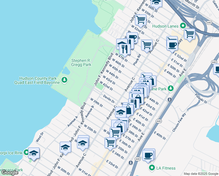 map of restaurants, bars, coffee shops, grocery stores, and more near 102 West 42nd Street in Bayonne