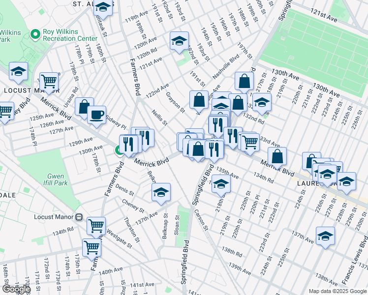 map of restaurants, bars, coffee shops, grocery stores, and more near 185-27 Merrick Boulevard in Queens