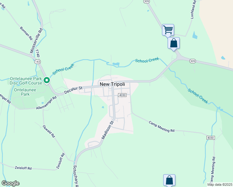 map of restaurants, bars, coffee shops, grocery stores, and more near 7495 Camp Meeting Road in New Tripoli