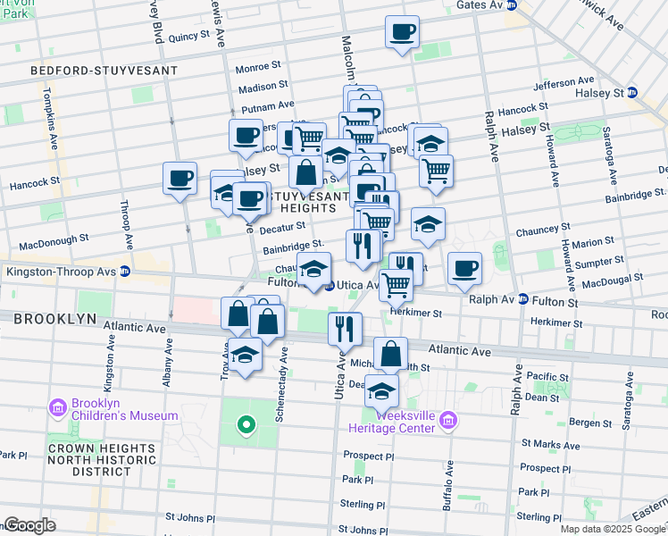 map of restaurants, bars, coffee shops, grocery stores, and more near 94 Chauncey Street in Brooklyn