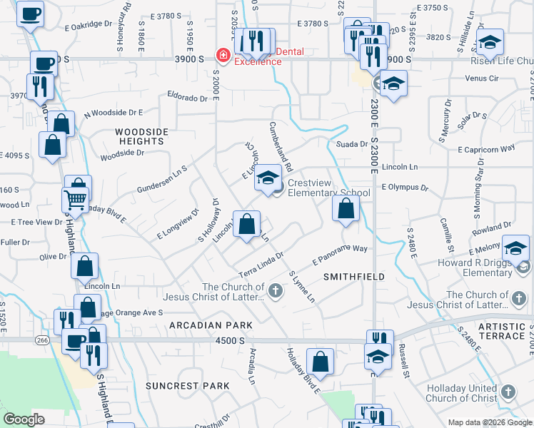 map of restaurants, bars, coffee shops, grocery stores, and more near 4217 Lincoln Pines Court in Holladay