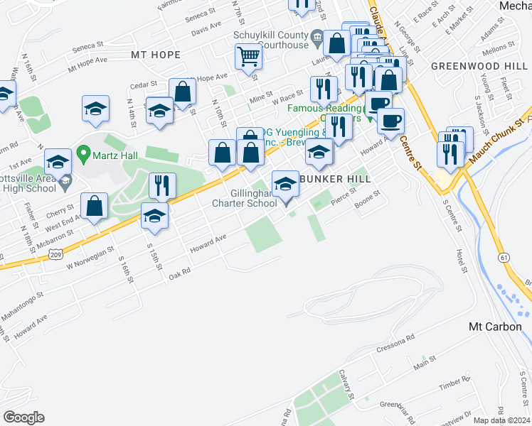 map of restaurants, bars, coffee shops, grocery stores, and more near South 11th Street in Pottsville