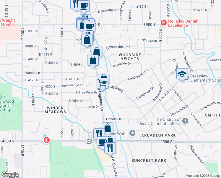 map of restaurants, bars, coffee shops, grocery stores, and more near 1772 Holladay Boulevard east in Holladay