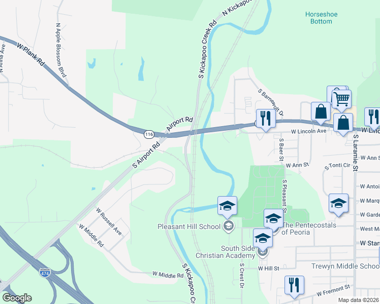 map of restaurants, bars, coffee shops, grocery stores, and more near 806-808 S Kickapoo Creek Rd in Bellevue