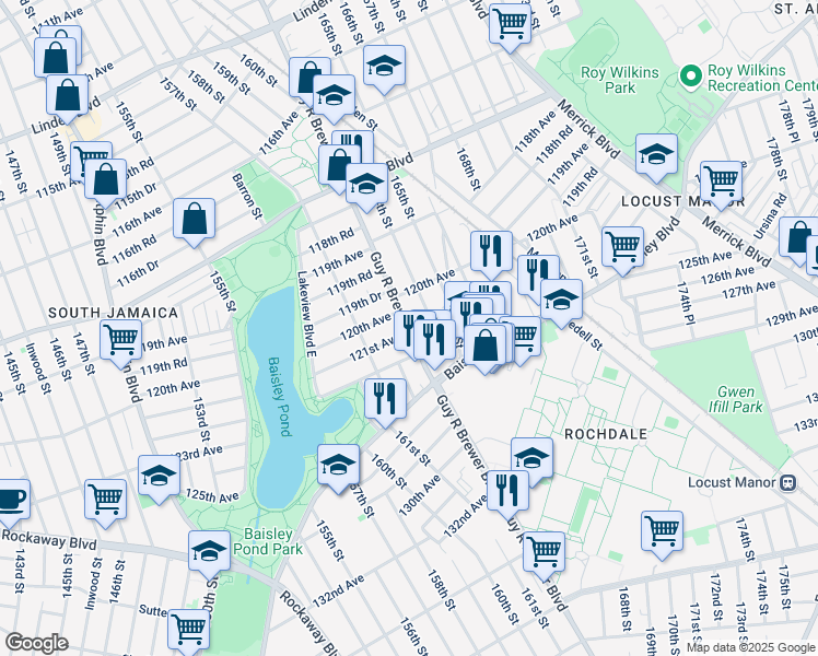map of restaurants, bars, coffee shops, grocery stores, and more near 120-3 Guy R Brewer Boulevard in Queens
