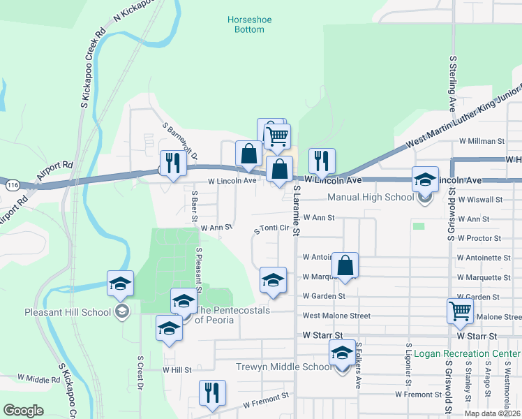 map of restaurants, bars, coffee shops, grocery stores, and more near 3211 West Ann Street in Peoria