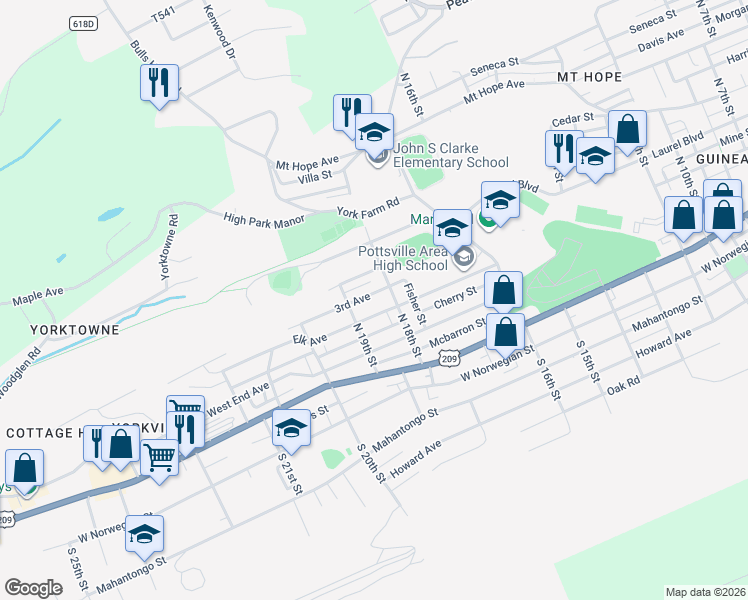 map of restaurants, bars, coffee shops, grocery stores, and more near 1813 3rd Avenue in Pottsville