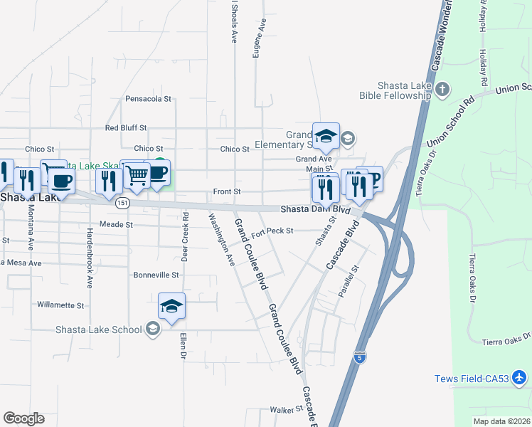 map of restaurants, bars, coffee shops, grocery stores, and more near 5012 Shasta Dam Boulevard in Shasta Lake