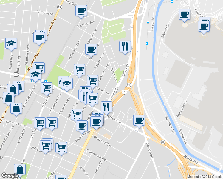 map of restaurants, bars, coffee shops, grocery stores, and more near 914 Spring Street in Elizabeth