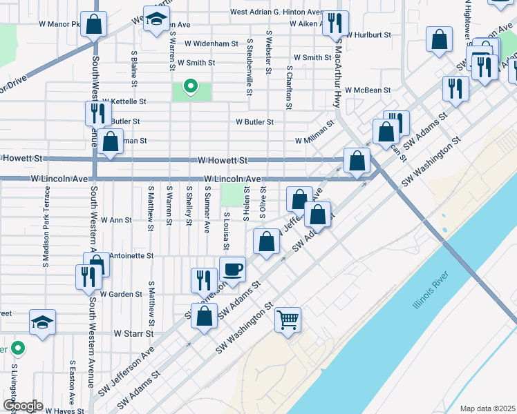 map of restaurants, bars, coffee shops, grocery stores, and more near 807 South Olive Street in Peoria