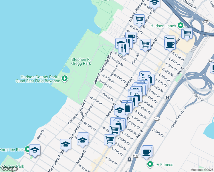 map of restaurants, bars, coffee shops, grocery stores, and more near 102 West 42nd Street in Bayonne