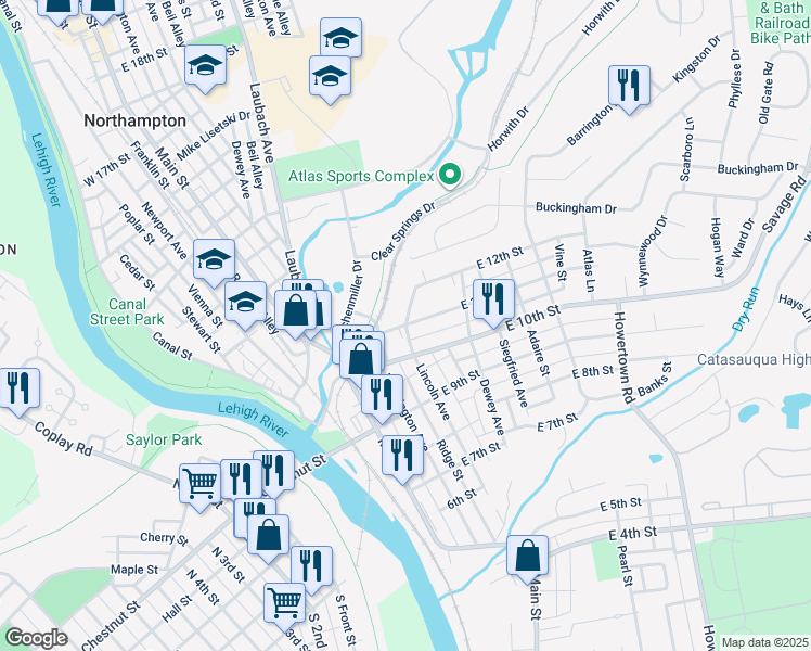 map of restaurants, bars, coffee shops, grocery stores, and more near 298 East 11th Street in Northampton