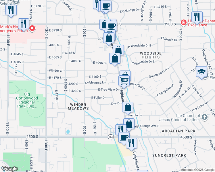 map of restaurants, bars, coffee shops, grocery stores, and more near 4210 South 1625 East in Millcreek