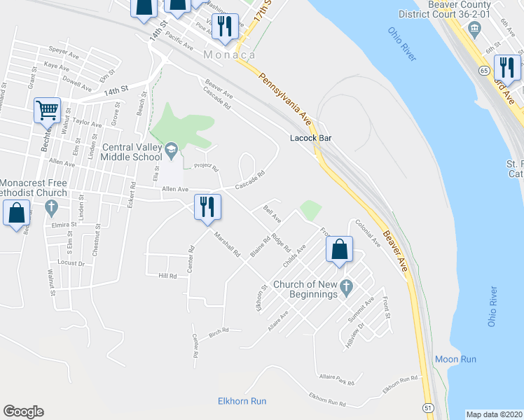 map of restaurants, bars, coffee shops, grocery stores, and more near 2022 Bell Ave in Monaca