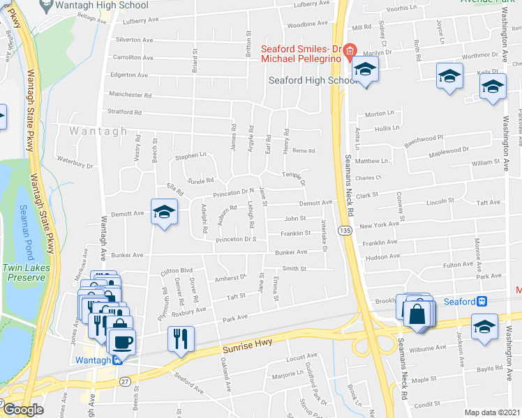 map of restaurants, bars, coffee shops, grocery stores, and more near 1718 Jane Street in Wantagh