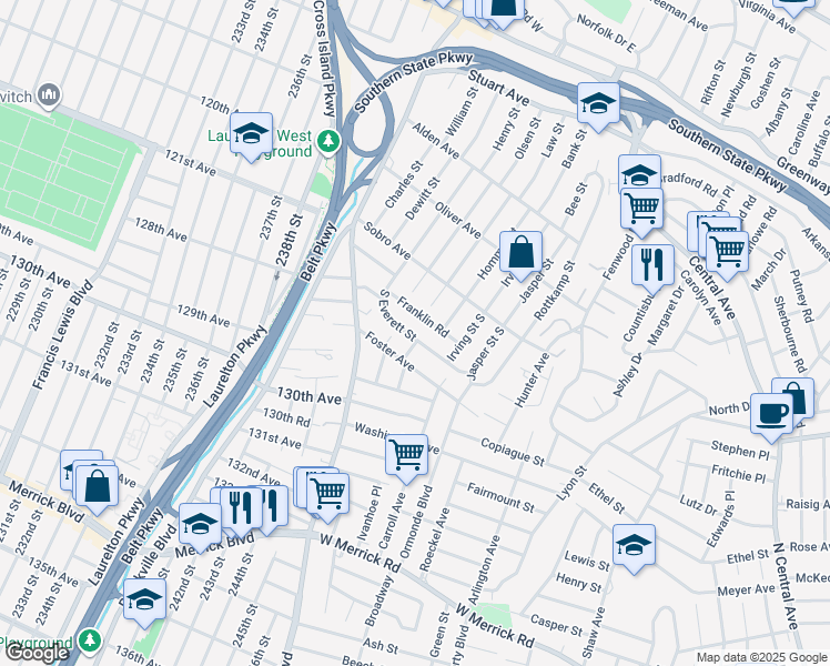 map of restaurants, bars, coffee shops, grocery stores, and more near 1958 South Everett Street in Valley Stream