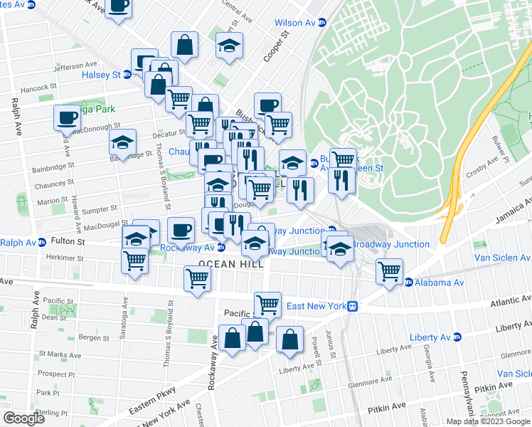 map of restaurants, bars, coffee shops, grocery stores, and more near 217 Hull Street in Brooklyn