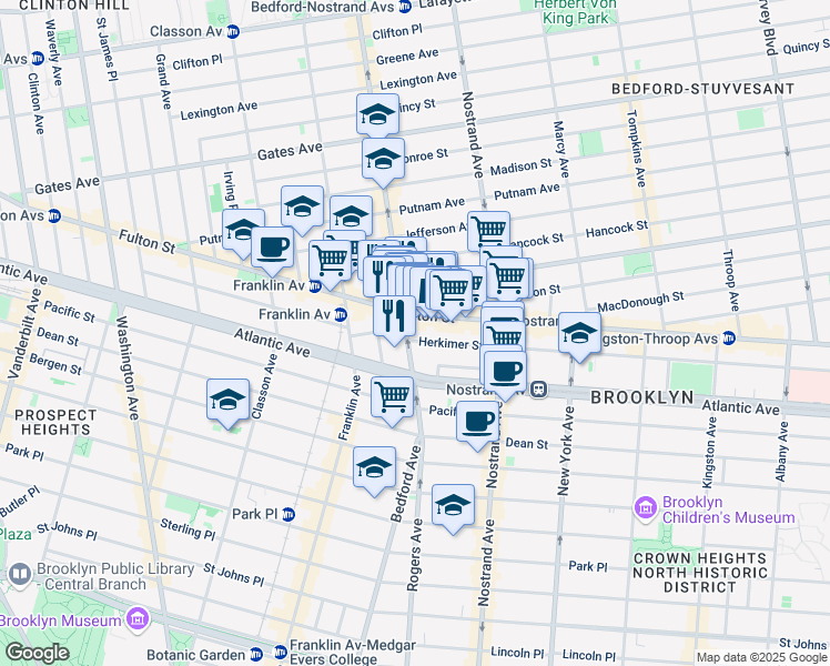 map of restaurants, bars, coffee shops, grocery stores, and more near 5 Herkimer Street in Brooklyn