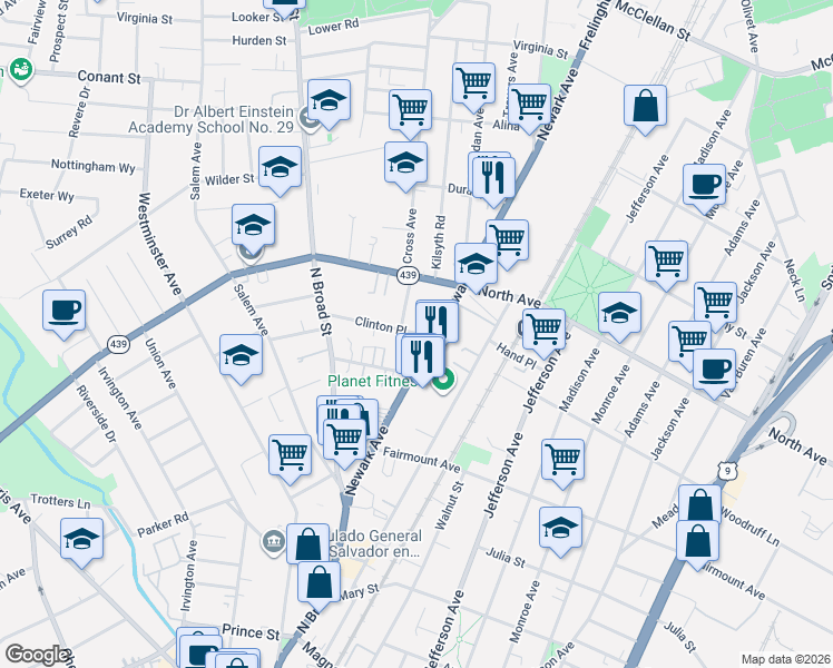 map of restaurants, bars, coffee shops, grocery stores, and more near 1252 Clinton Place in Elizabeth