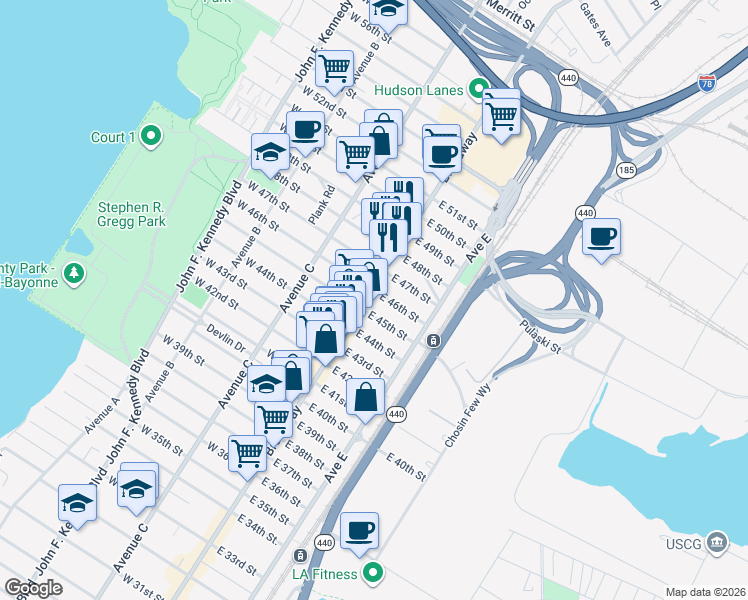 map of restaurants, bars, coffee shops, grocery stores, and more near 950 Broadway in Bayonne