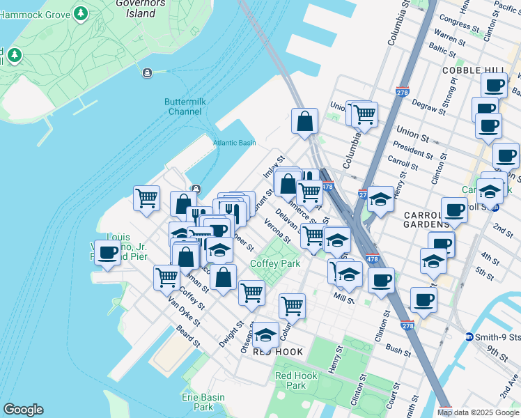 map of restaurants, bars, coffee shops, grocery stores, and more near 276 Van Brunt Street in Brooklyn