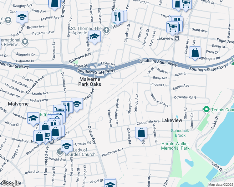map of restaurants, bars, coffee shops, grocery stores, and more near 1138 Ossipee Road in West Hempstead