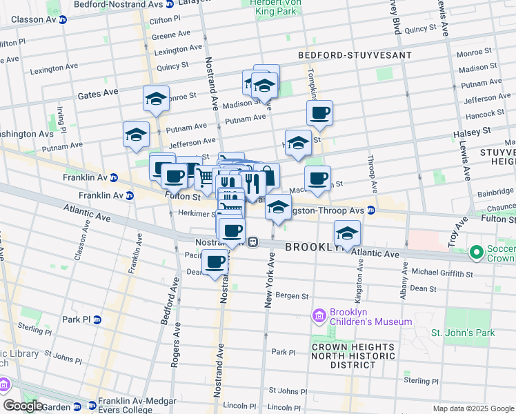 map of restaurants, bars, coffee shops, grocery stores, and more near 1310 Fulton Street in Brooklyn