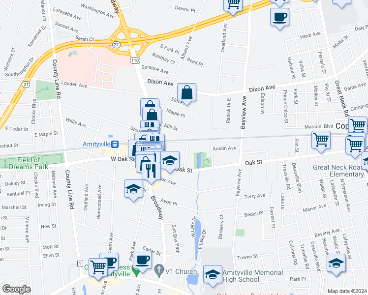 map of restaurants, bars, coffee shops, grocery stores, and more near 42 Wellington Place in Amityville