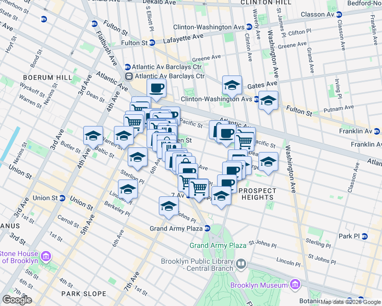 map of restaurants, bars, coffee shops, grocery stores, and more near 542 Bergen Street in Brooklyn