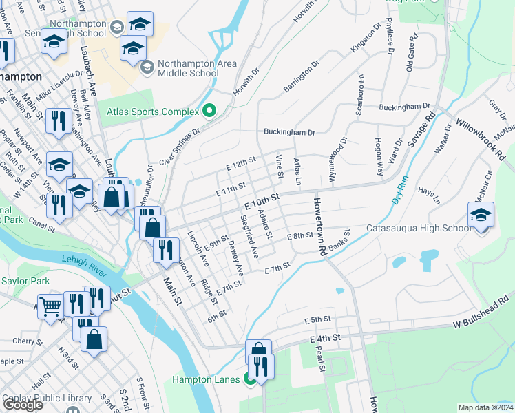 map of restaurants, bars, coffee shops, grocery stores, and more near 436 East 10th Street in Northampton