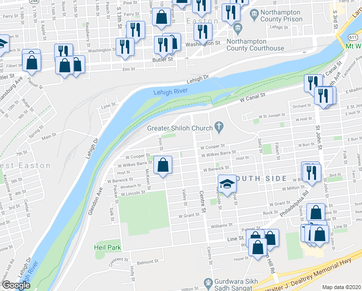 map of restaurants, bars, coffee shops, grocery stores, and more near 401 Canal Park in Easton