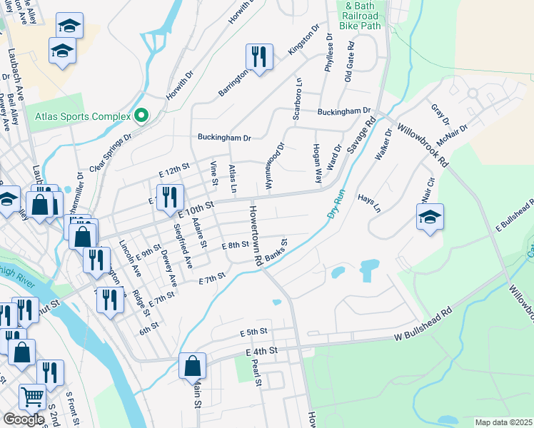 map of restaurants, bars, coffee shops, grocery stores, and more near 603 East 9th Street in Northampton