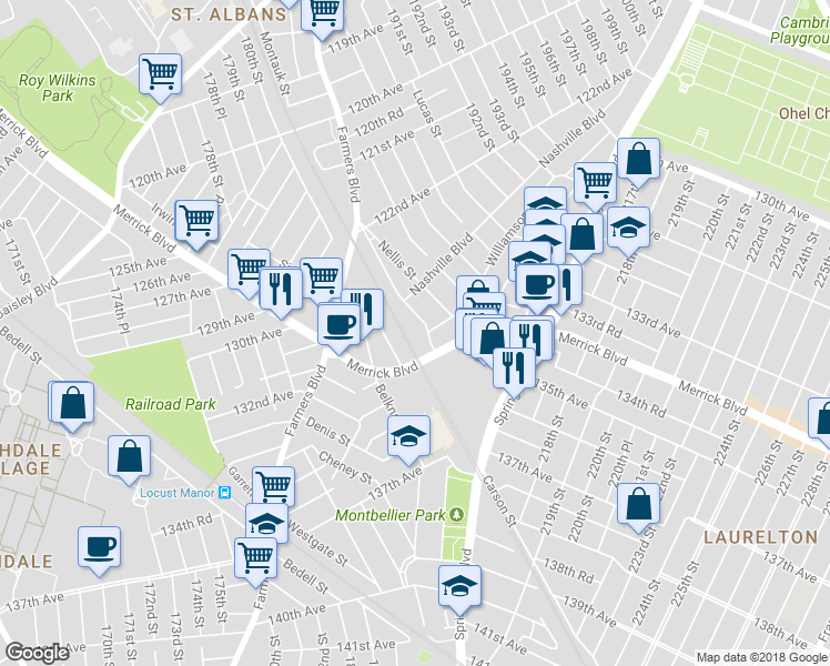 map of restaurants, bars, coffee shops, grocery stores, and more near 134-31 Montauk Street in Queens