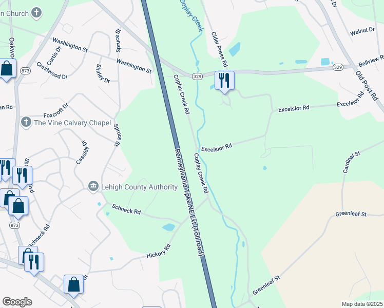 map of restaurants, bars, coffee shops, grocery stores, and more near 4940 Coplay Creek Road in Schnecksville