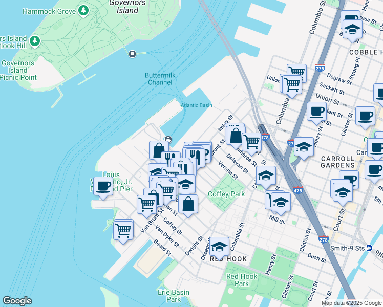 map of restaurants, bars, coffee shops, grocery stores, and more near 166 Imlay Street in Brooklyn