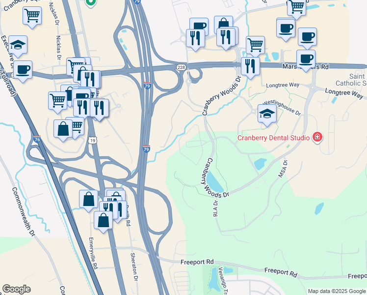 map of restaurants, bars, coffee shops, grocery stores, and more near 3000 Creekview Circle in Cranberry Township