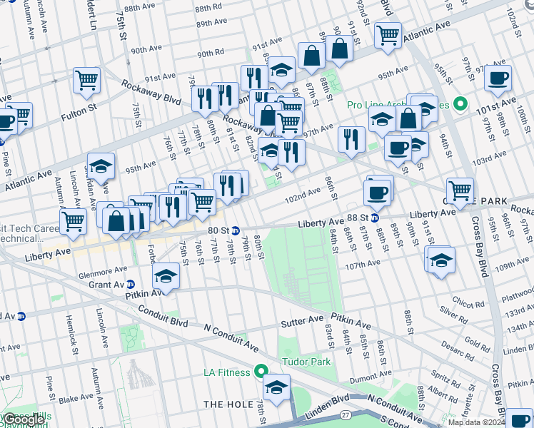 map of restaurants, bars, coffee shops, grocery stores, and more near 81-06 102nd Avenue in Queens