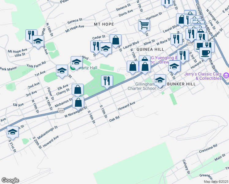map of restaurants, bars, coffee shops, grocery stores, and more near 1342 West Norwegian Street in Pottsville