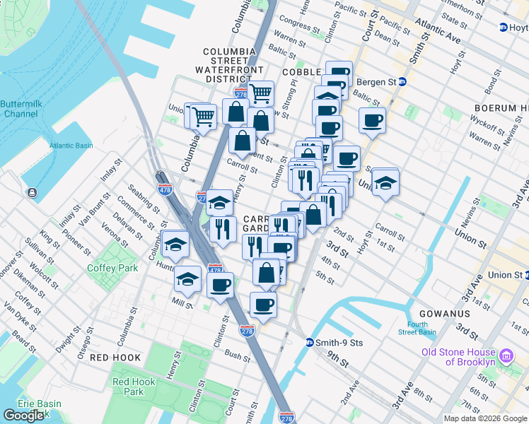 map of restaurants, bars, coffee shops, grocery stores, and more near 2nd Place in Brooklyn