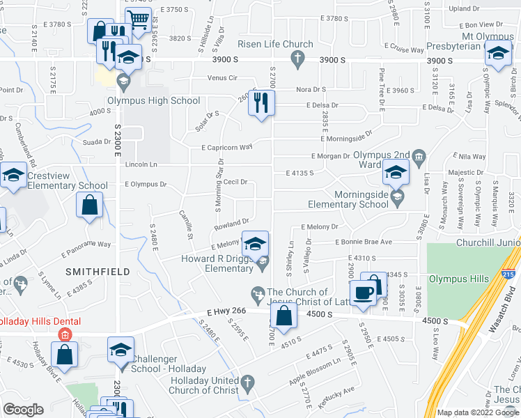 map of restaurants, bars, coffee shops, grocery stores, and more near 4207 Rowland Drive in Holladay