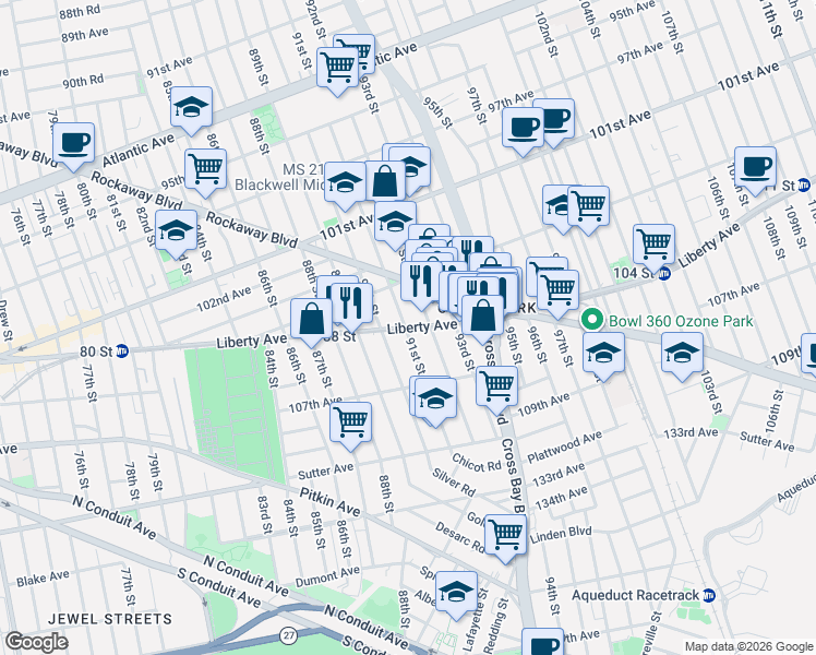 map of restaurants, bars, coffee shops, grocery stores, and more near 90-18 Liberty Avenue in Queens
