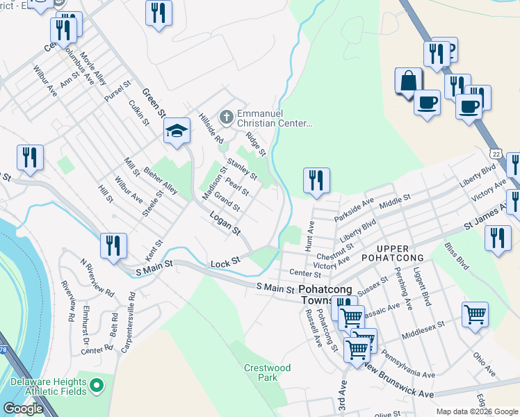 map of restaurants, bars, coffee shops, grocery stores, and more near 1120 Pearl St in Phillipsburg