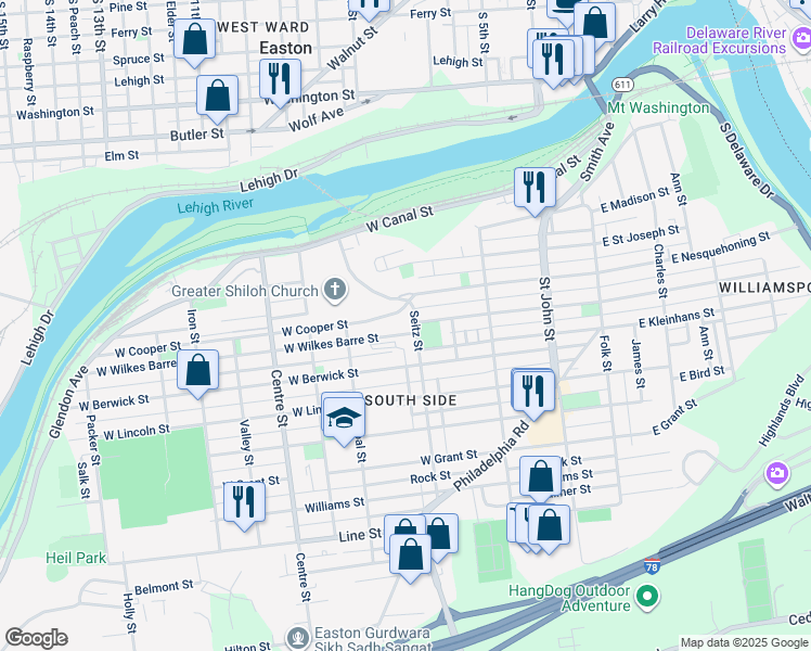 map of restaurants, bars, coffee shops, grocery stores, and more near 413 West Wilkes Barre Street in Easton