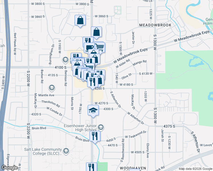 map of restaurants, bars, coffee shops, grocery stores, and more near 4188 South Oak Meadows Drive in Taylorsville