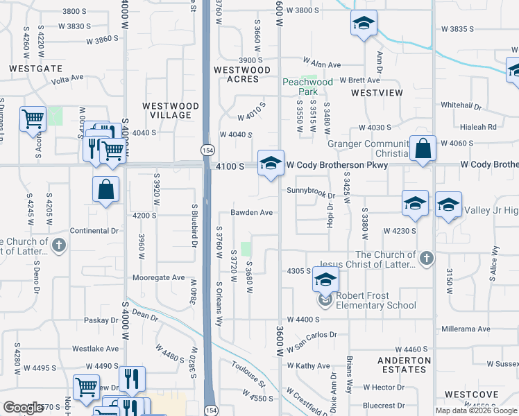 map of restaurants, bars, coffee shops, grocery stores, and more near 3656 Bawden Avenue in West Valley City