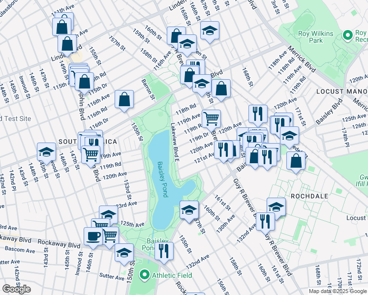 map of restaurants, bars, coffee shops, grocery stores, and more near 160-28 119th Drive in Queens