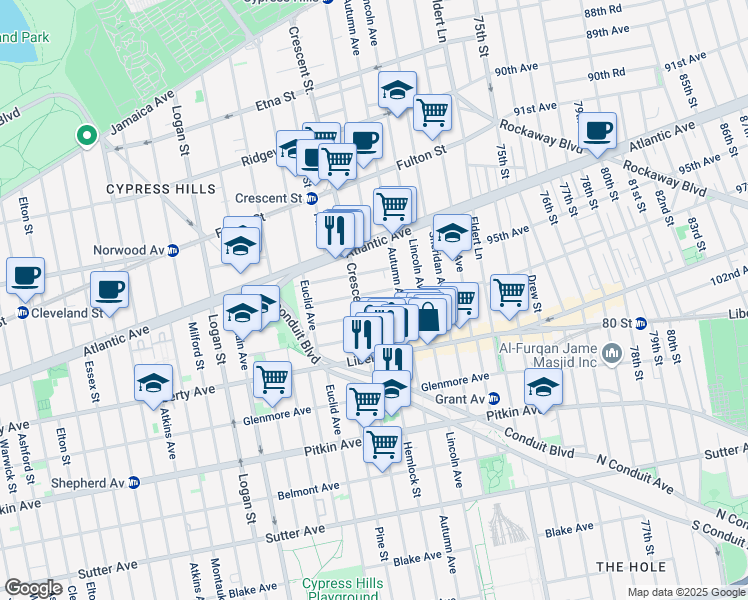 map of restaurants, bars, coffee shops, grocery stores, and more near 124 Weldon Street in Brooklyn