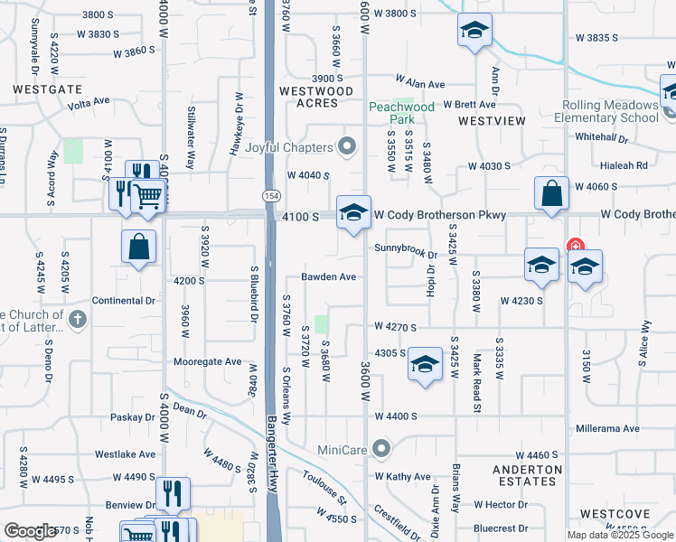map of restaurants, bars, coffee shops, grocery stores, and more near 3656 Bawden Avenue in West Valley City